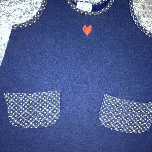 Talbots Kids, Vintage Tunic Overall Dress Navy Blue Front Pockets Heart Print XS - Picture 6 of 8